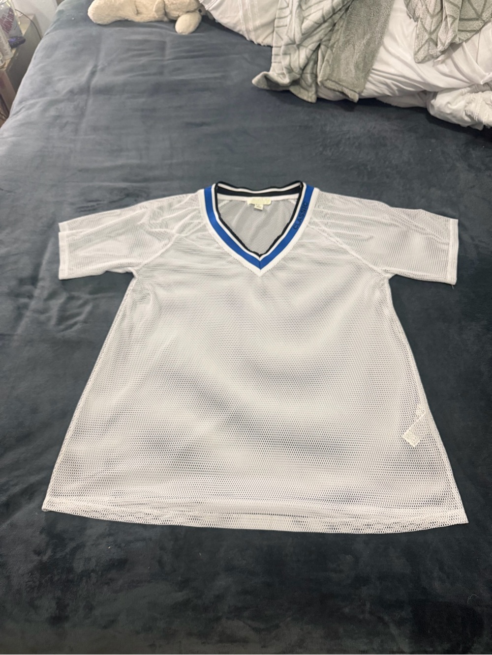 Womens White Mesh V-Neck Top with Blue Trim